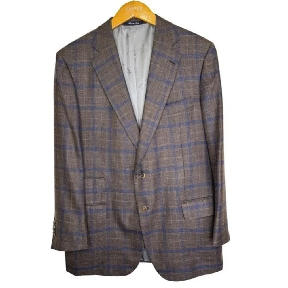 Sartoria Castangia Brown‎ Plaid 2 Button Blazer Wool/Silk/Linen 46 Brown/Blue